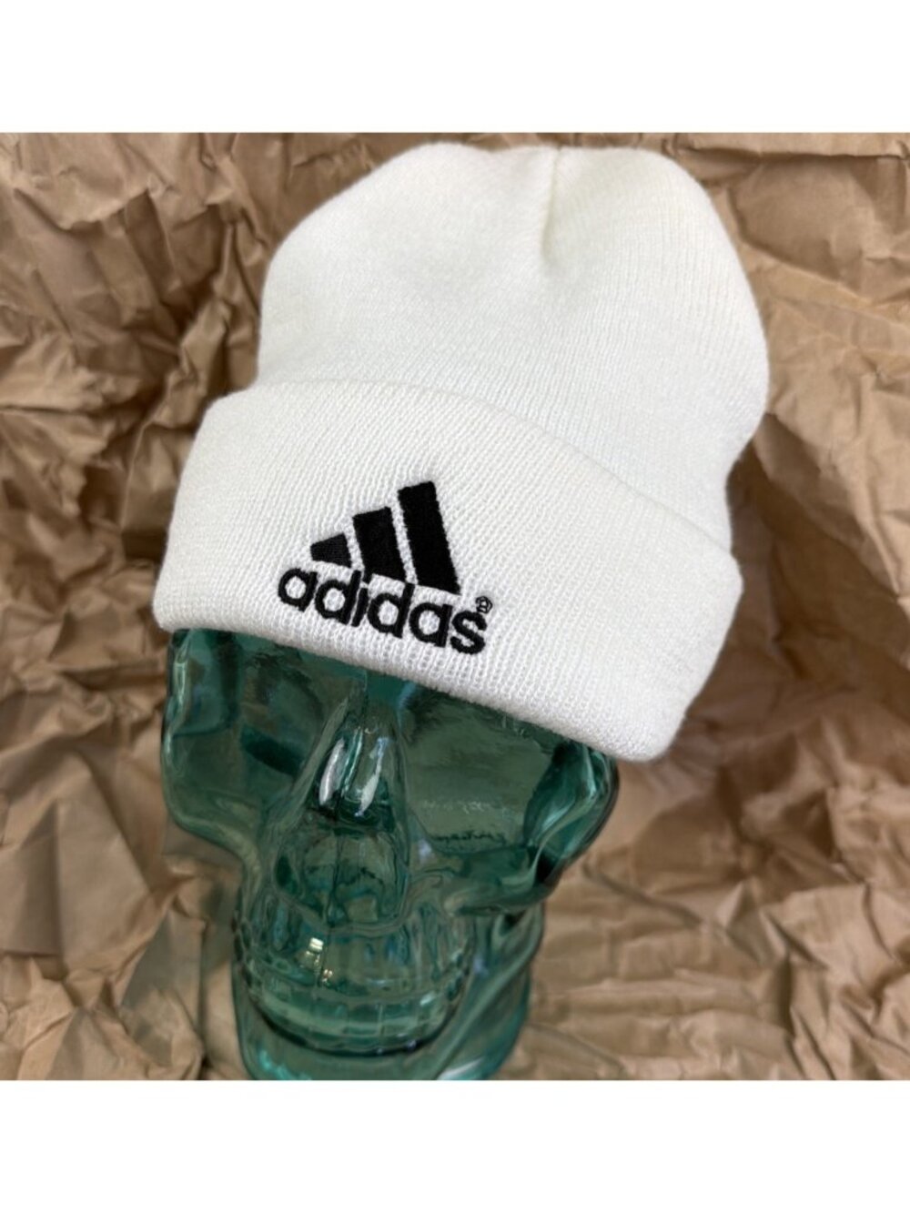 Vintage Y2K Adidas Beanie Winter Hat Cap White Stretch Knit 90s Hip Hop Skater